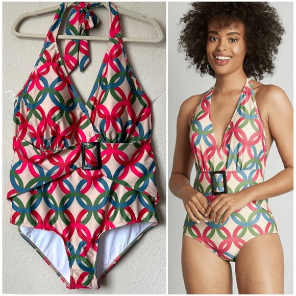 ModCloth 1X Retro Belted Mary One-Piece Swimsuit SPF 50 UV Protection - Picture 1 of 15